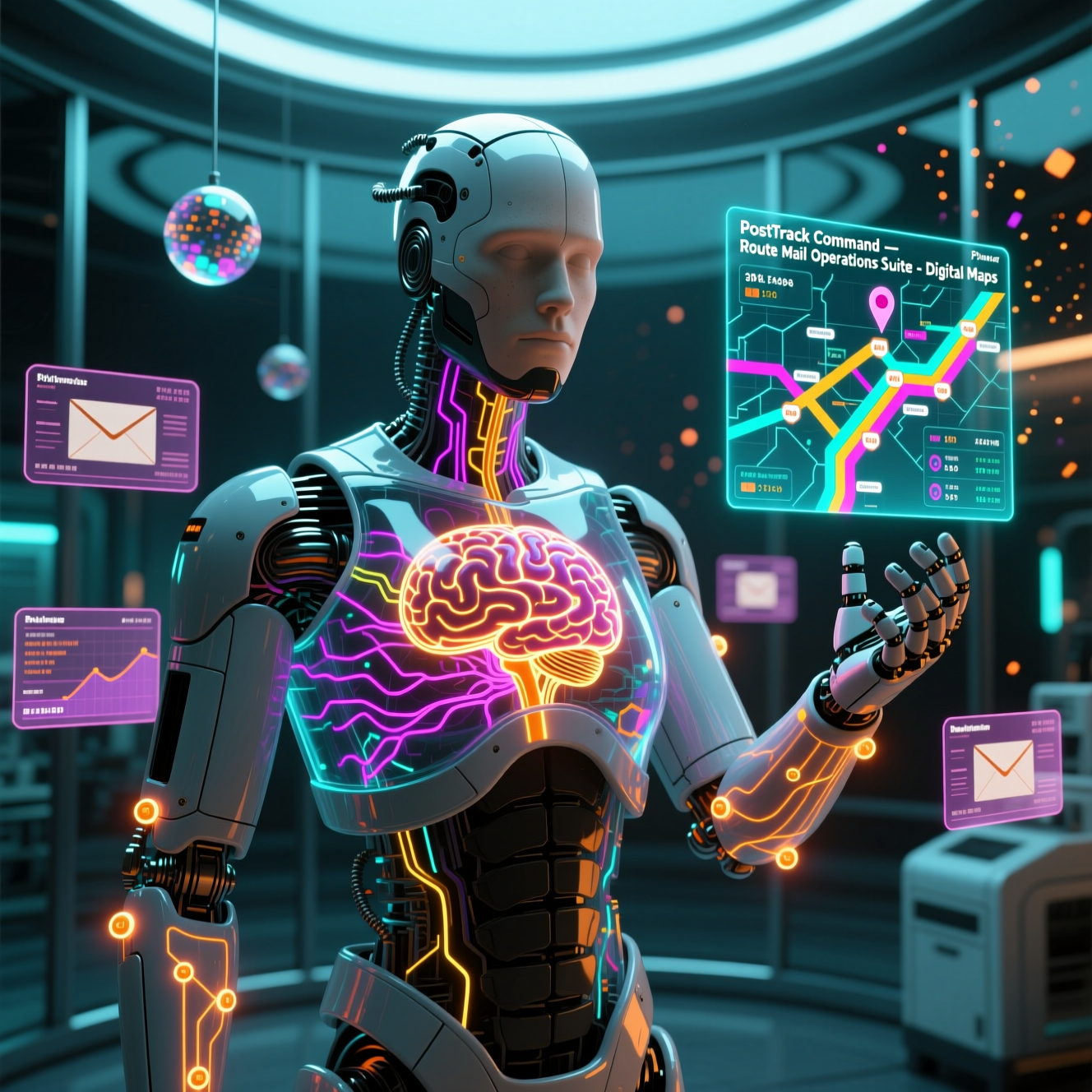 PostTrack Command — Route Mail Operations Suite — Digital Maps category hero — translucent glass humanoid figure with a glowing neural-network brain visible inside its head in sleek high-tech laboratory with glass walls, floating data panels and particle light