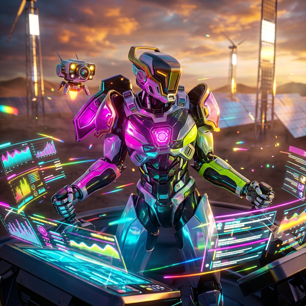 PressPulse Mission Control — Journalist Operations Cockpit — AI Tools category hero — duo of contrasting robots — one large hero mech and a small companion droid — composed cinematically in desert solar farm at magic hour with reflective sand and towering chrome pylons