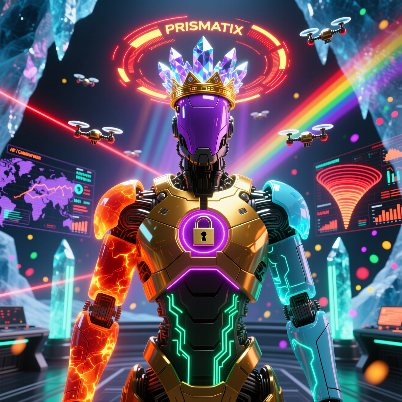 PRISMATIX — AR/VR Campaign War Room — AR/VR category hero — glowing digital shield / padlock / crown / crystal object at the frame center, protected by hovering tech drones in crystalline ice cavern lit by bioluminescent tech installations