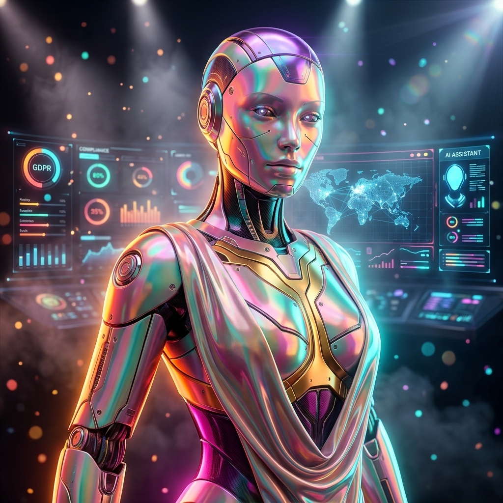 PrivCore Command — GDPR Mission Control — Antivirus & Cybersecurity category hero — elegant fashion-forward android in flowing reflective couture fabric, editorial pose in dark cinematic stage with dramatic spotlights streaming down and a hazy atmospheric fog
