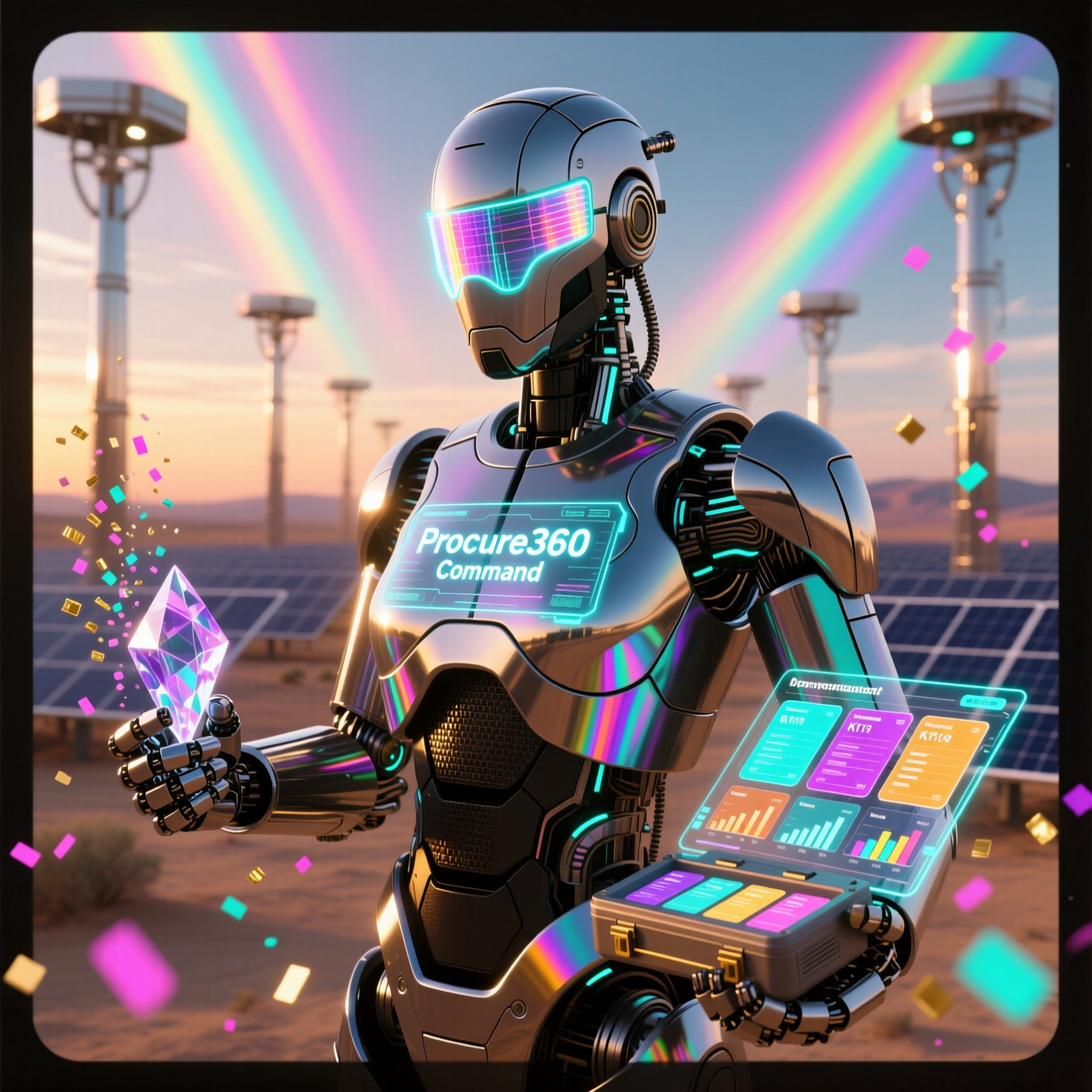 Procure360 Command — Procurement Case Command Center — File Sharing category hero — hyper-detailed humanoid robot with glossy plating and glowing visor eyes, striking a confident hero pose in the center of the frame in desert solar farm at magic hour with reflective sand and towering chrome pylons