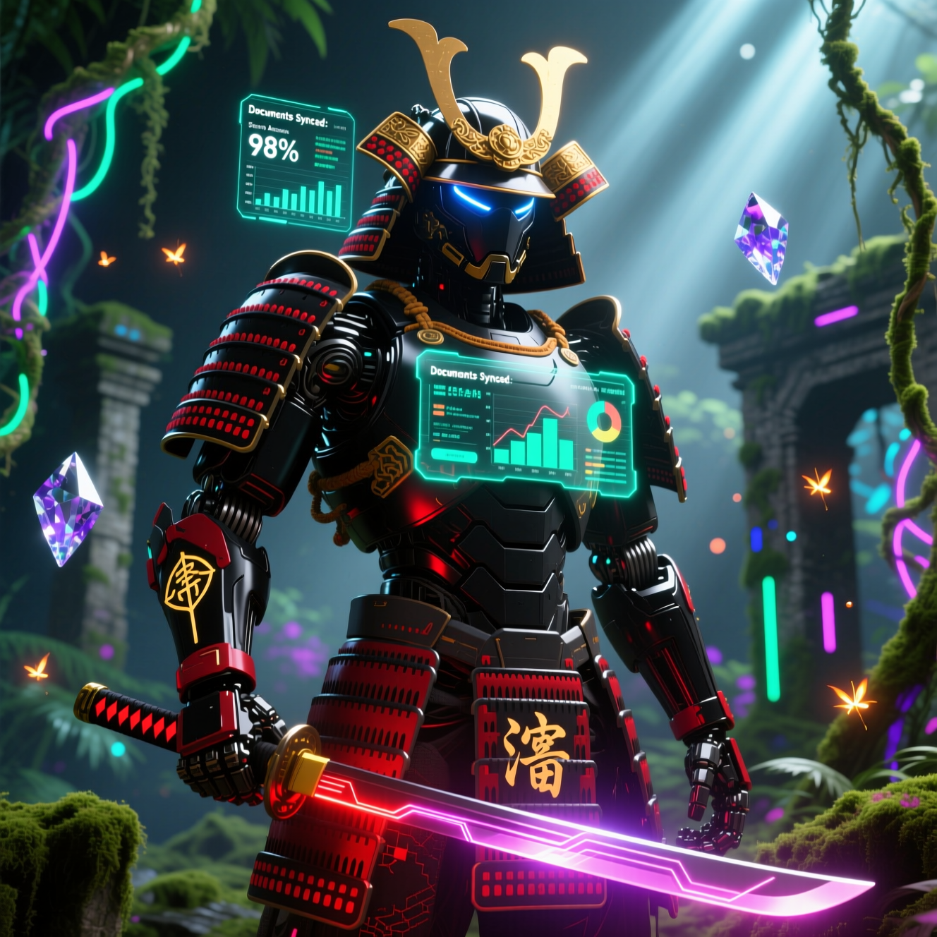Procure360 Command — Procurement Operations Center — File Sharing category hero — majestic samurai-styled mech in lacquered armor with neon under-glow, katana of light in hand in alien jungle biome with glowing flora and floating tech artifacts