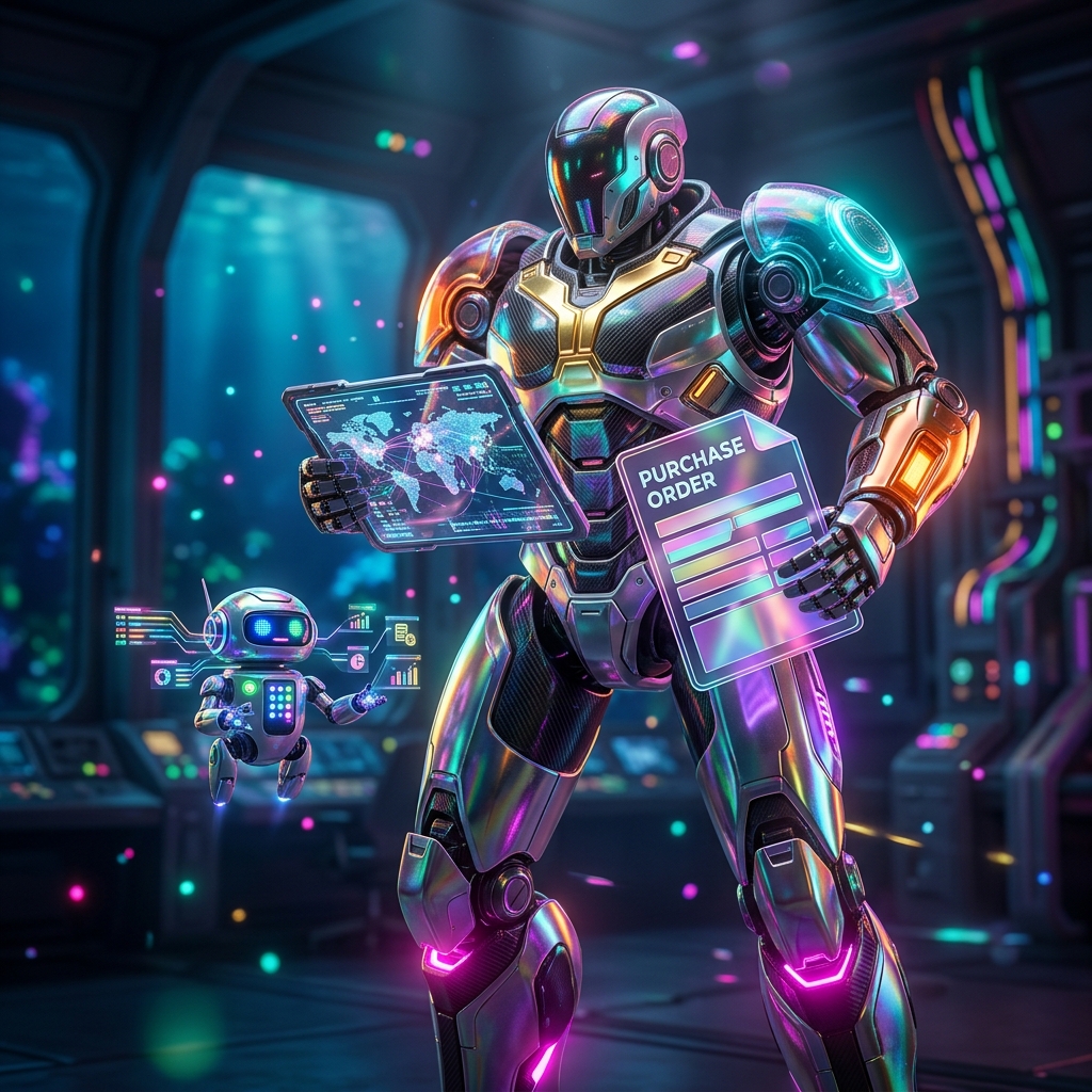 ProcureGrid — Procurement & Purchase Order Command — Business Management category hero — duo of contrasting robots — one large hero mech and a small companion droid — composed cinematically in deep-sea research bay with bulkhead windows onto a bioluminescent ocean