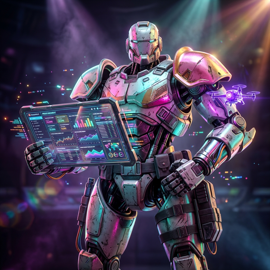 ProcurePilot Command — Procurement & Purchase Order Mission Cont — Business Management category hero — war-worn but heroic mech pilot robot with painted panels, weathered detail, cinematic hero lighting in dark cinematic stage with dramatic spotlights streaming down and a hazy atmospheric fog