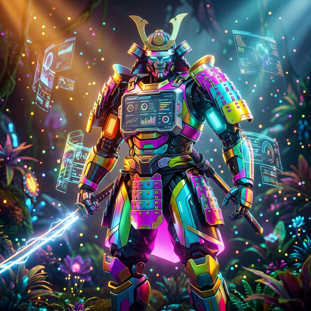 ProcurePilot — Vendor & Supplier Management Terminal — Business Management category hero — majestic samurai-styled mech in lacquered armor with neon under-glow, katana of light in hand in alien jungle biome with glowing flora and floating tech artifacts