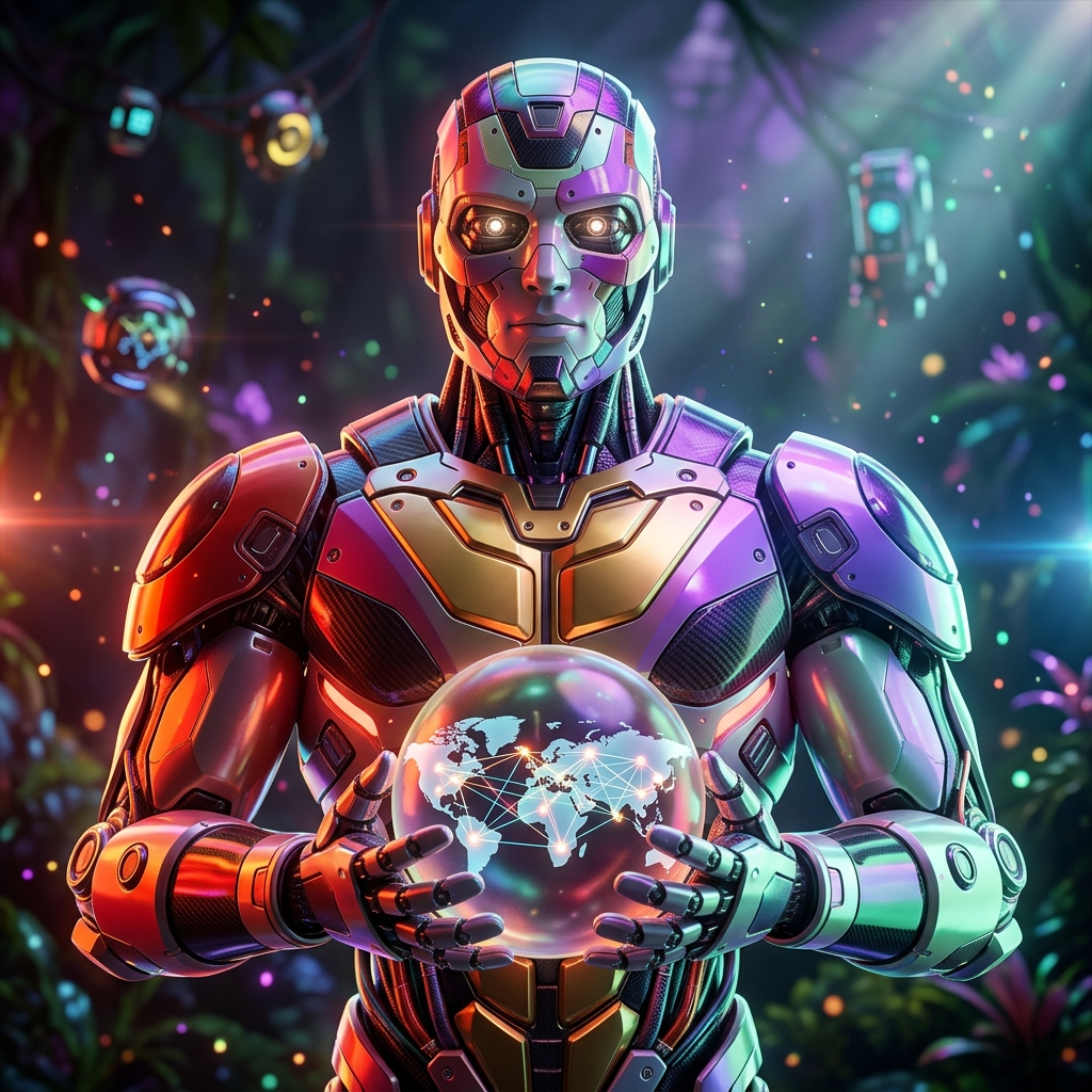 ProcurePlex | Supply Chain Neural Board — Forum category hero — heavily armored guardian robot holding a symbolic emblem of the category with both hands in alien jungle biome with glowing flora and floating tech artifacts