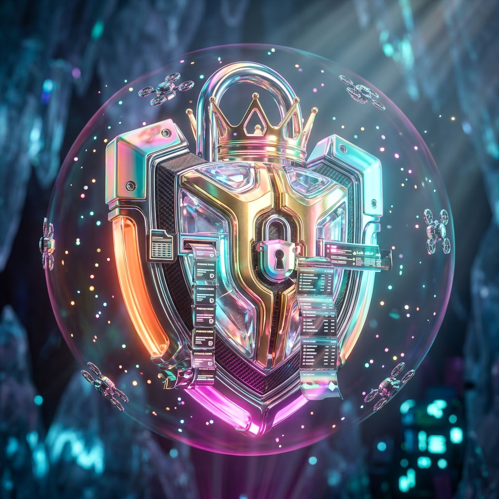 Procurio — Procurement & Purchase Order Command — Business Management category hero — glowing digital shield / padlock / crown / crystal object at the frame center, protected by hovering tech drones in crystalline ice cavern lit by bioluminescent tech installations