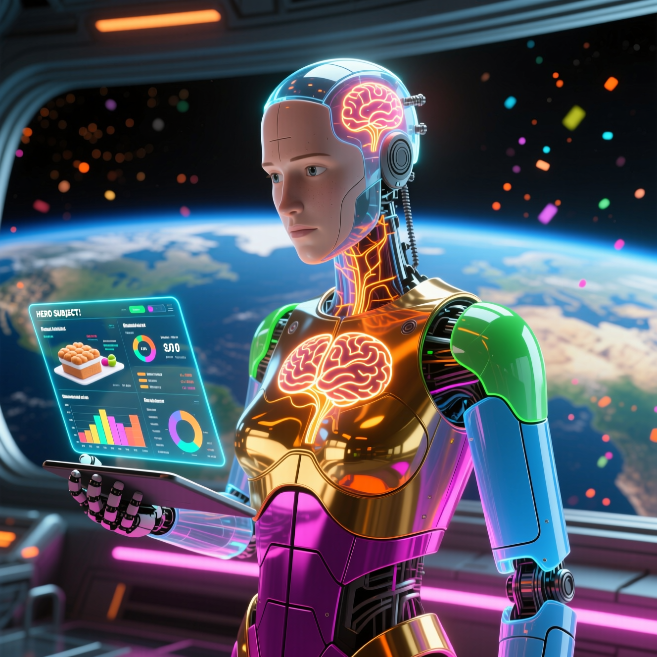 ProofCraft Command — Bakery Cost & Batch Mission Control — Recipe category hero — translucent glass humanoid figure with a glowing neural-network brain visible inside its head in orbital space station observation deck with a planet glowing outside the panoramic window