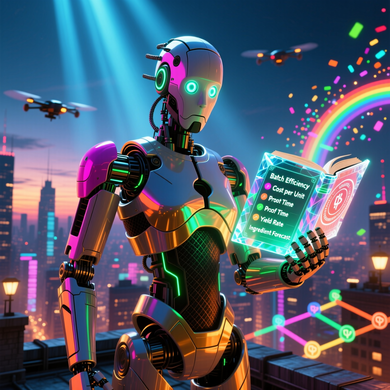 ProofGrid Command — Bakery Cost & Batch Operations — Recipe category hero — sci-fi wizard robot with a floating spellbook of holographic glyphs and light particles in rooftop overlooking a neon megacity skyline at dusk, drones flying in the distance