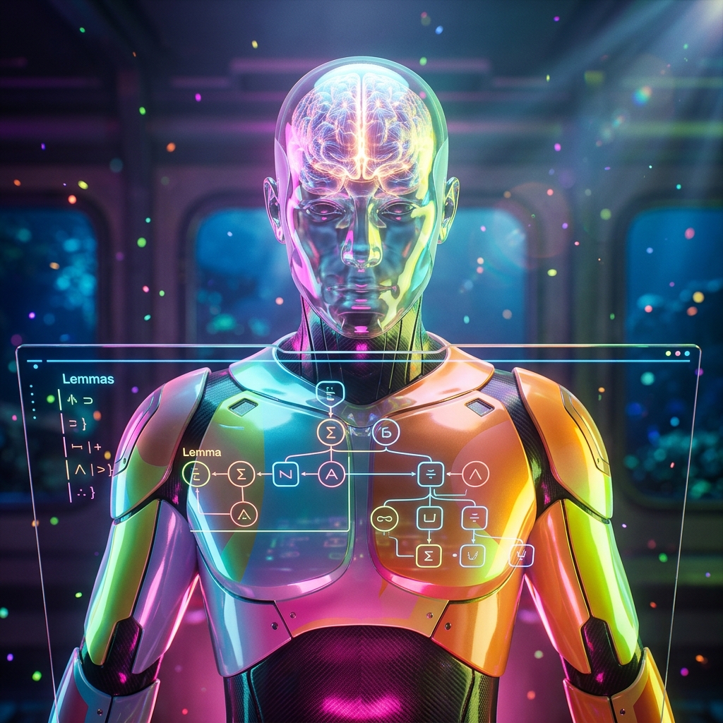 ProofLab Studio — Mathematical Proof Design & Verification — Math category hero — translucent glass humanoid figure with a glowing neural-network brain visible inside its head in deep-sea research bay with bulkhead windows onto a bioluminescent ocean