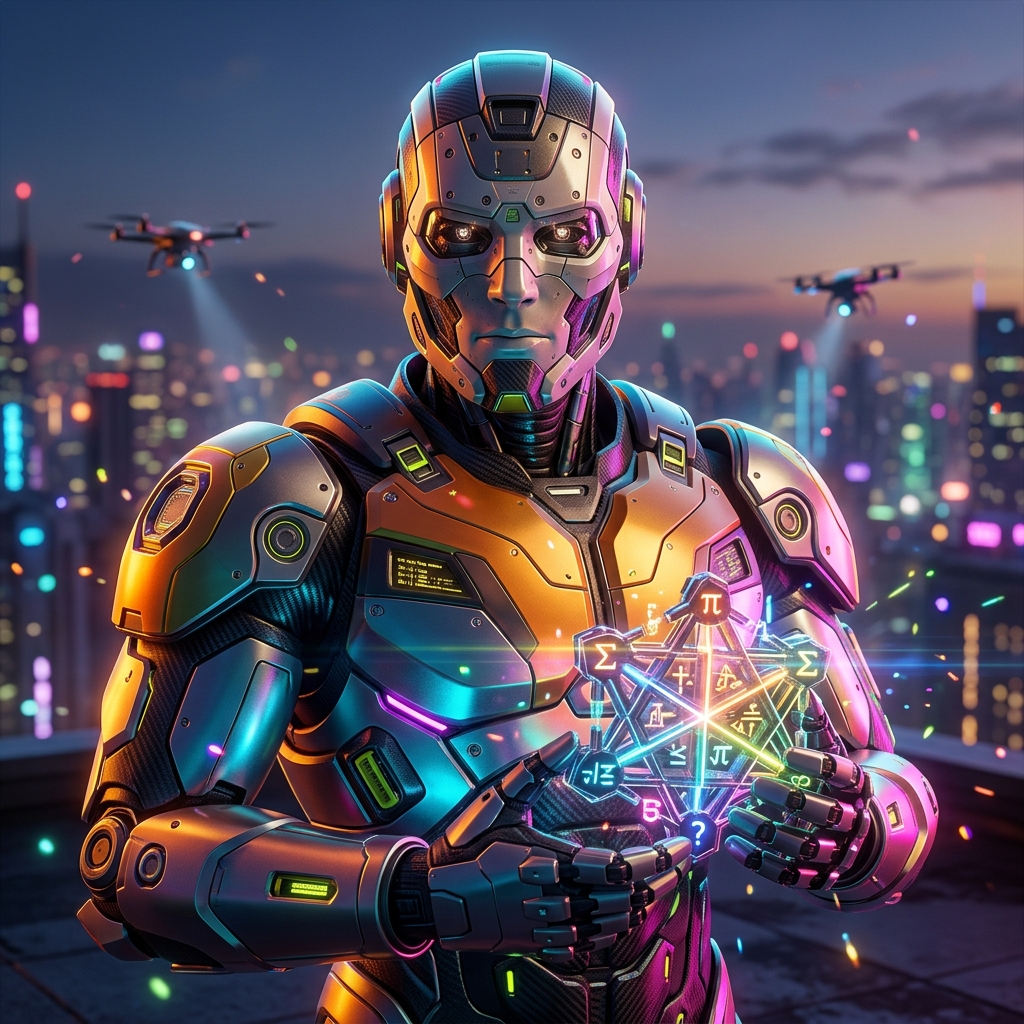 ProofLab Studio — Tactical Proof Engineering — Math category hero — heavily armored guardian robot holding a symbolic emblem of the category with both hands in rooftop overlooking a neon megacity skyline at dusk, drones flying in the distance