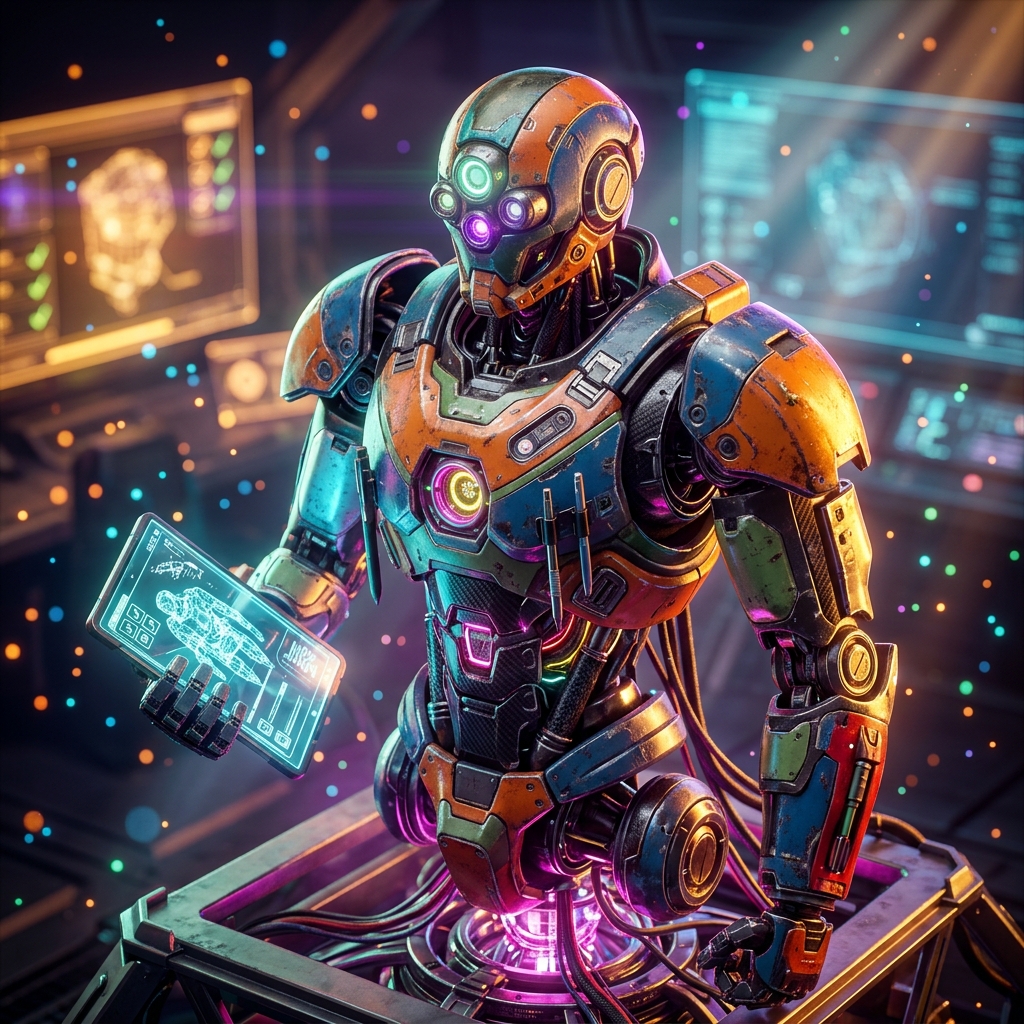 ProofLine Studio — Compliance & Audit Production Suite — 3D Modeling category hero — war-worn but heroic mech pilot robot with painted panels, weathered detail, cinematic hero lighting in futuristic control room with massive glowing holographic screens and volumetric light rays