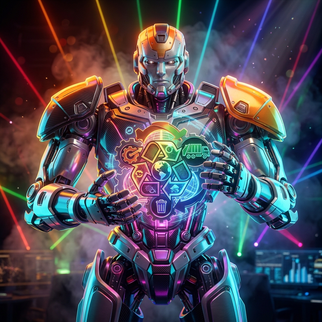 PulpSync — Waste Collection & Recycling Operations Board — Shipping & Logistics category hero — heavily armored guardian robot holding a symbolic emblem of the category with both hands in underground rave-like data cathedral with laser beams cutting through smoke