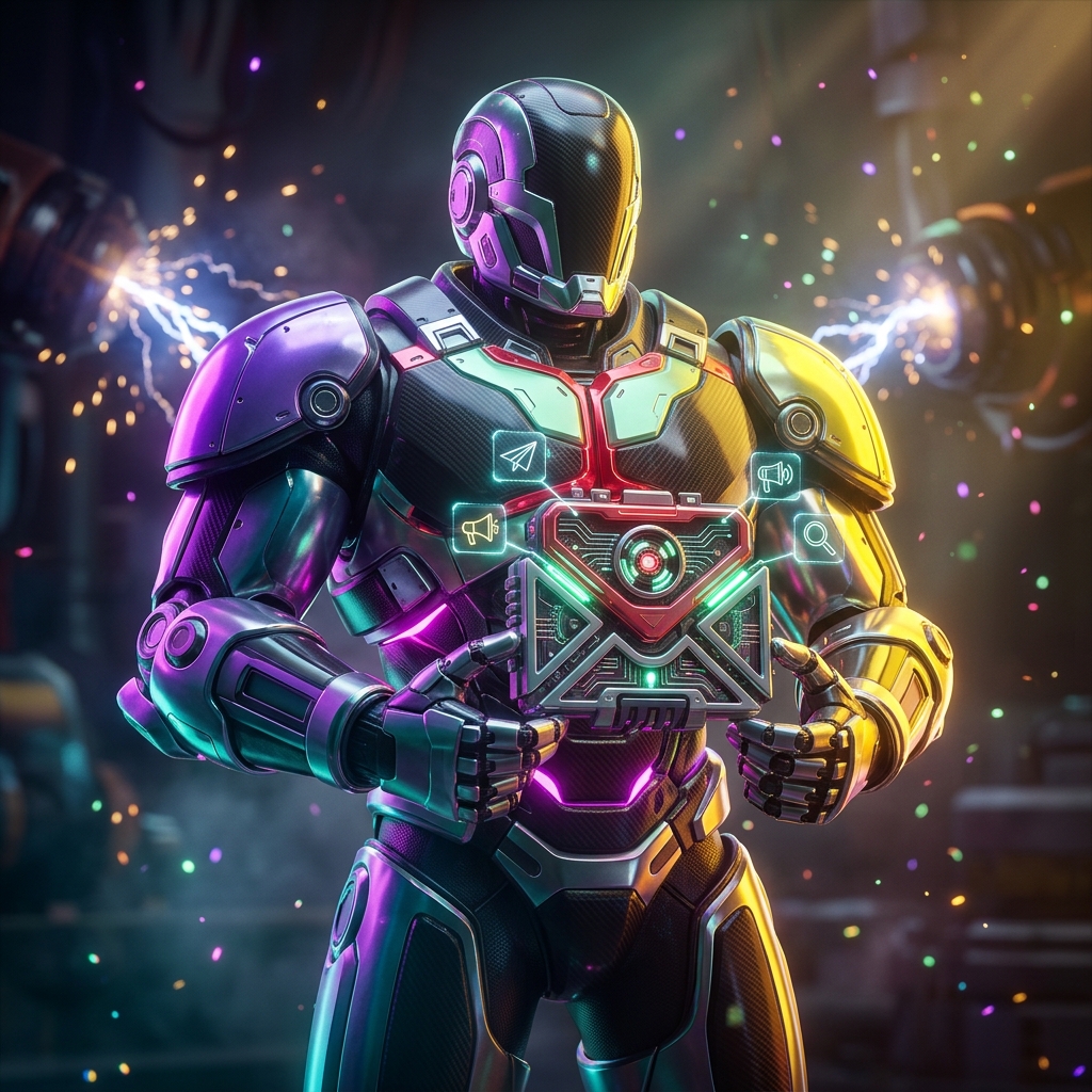 PulseCampaign Ops — Campaign Command Center — Email Marketing category hero — heavily armored guardian robot holding a symbolic emblem of the category with both hands in magnetic-levitation factory floor with sparking arcs of electricity and machinery