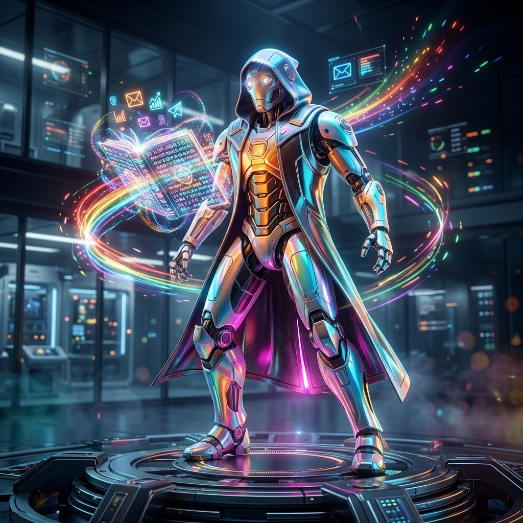 PulseDeck — Email Operations Mission Control — Email Marketing category hero — sci-fi wizard robot with a floating spellbook of holographic glyphs and light particles in sleek high-tech laboratory with glass walls, floating data panels and particle light