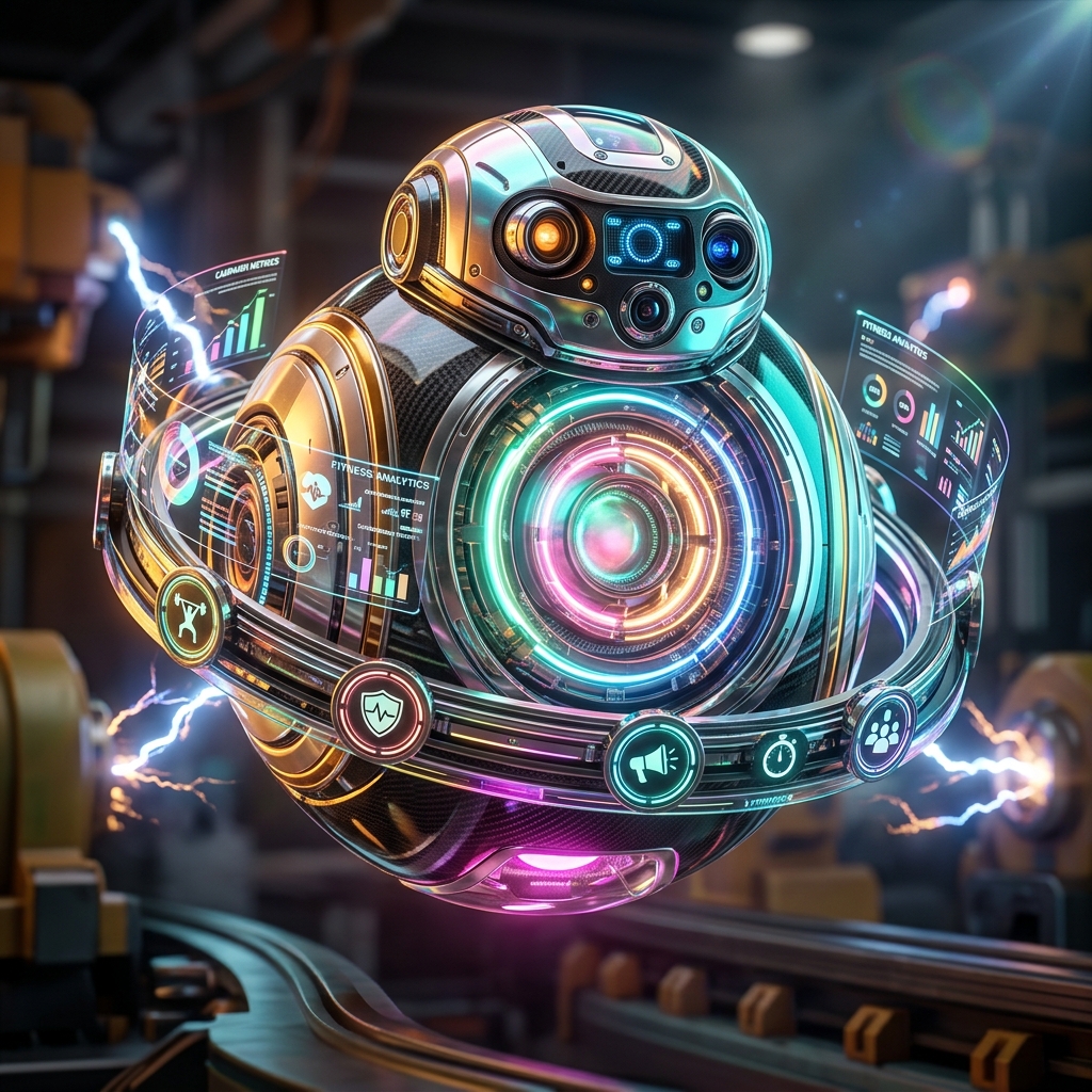 PulseForge Command | Campaign War Room for Fitness & Gym Managem β Fitness category hero β floating spherical AI orb with concentric glowing rings and orbiting holographic icons around it in magnetic-levitation factory floor with sparking arcs of electricity and machinery