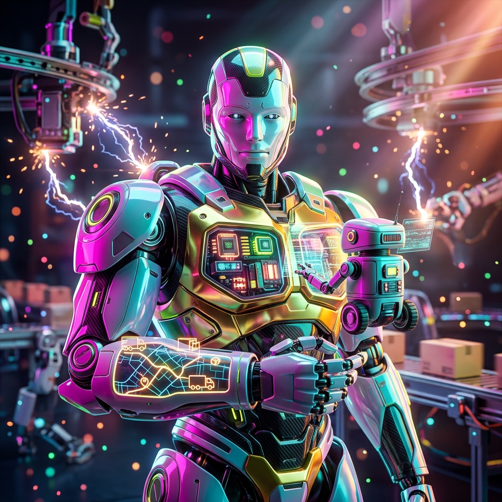 PulseLedger — Restaurant Financial Strategy Terminal — Delivery category hero — duo of contrasting robots — one large hero mech and a small companion droid — composed cinematically in magnetic-levitation factory floor with sparking arcs of electricity and machinery