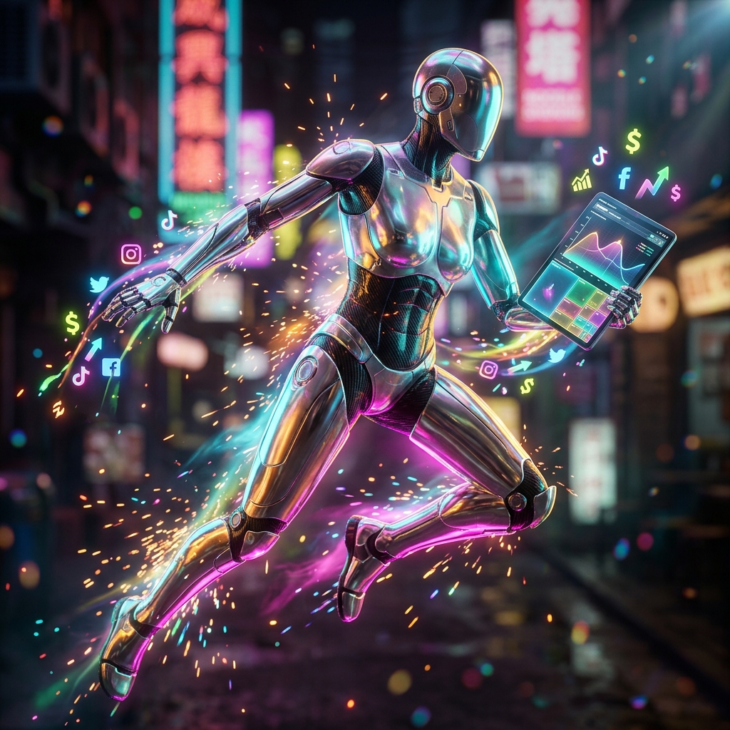 PulseLedger Terminal — Social Media Financial Strategy — Social Media category hero — chrome-plated bipedal android caught mid-motion, sparks and light particles trailing around it in Blade-Runner-style noodle-shop alley with dense neon signage in the background