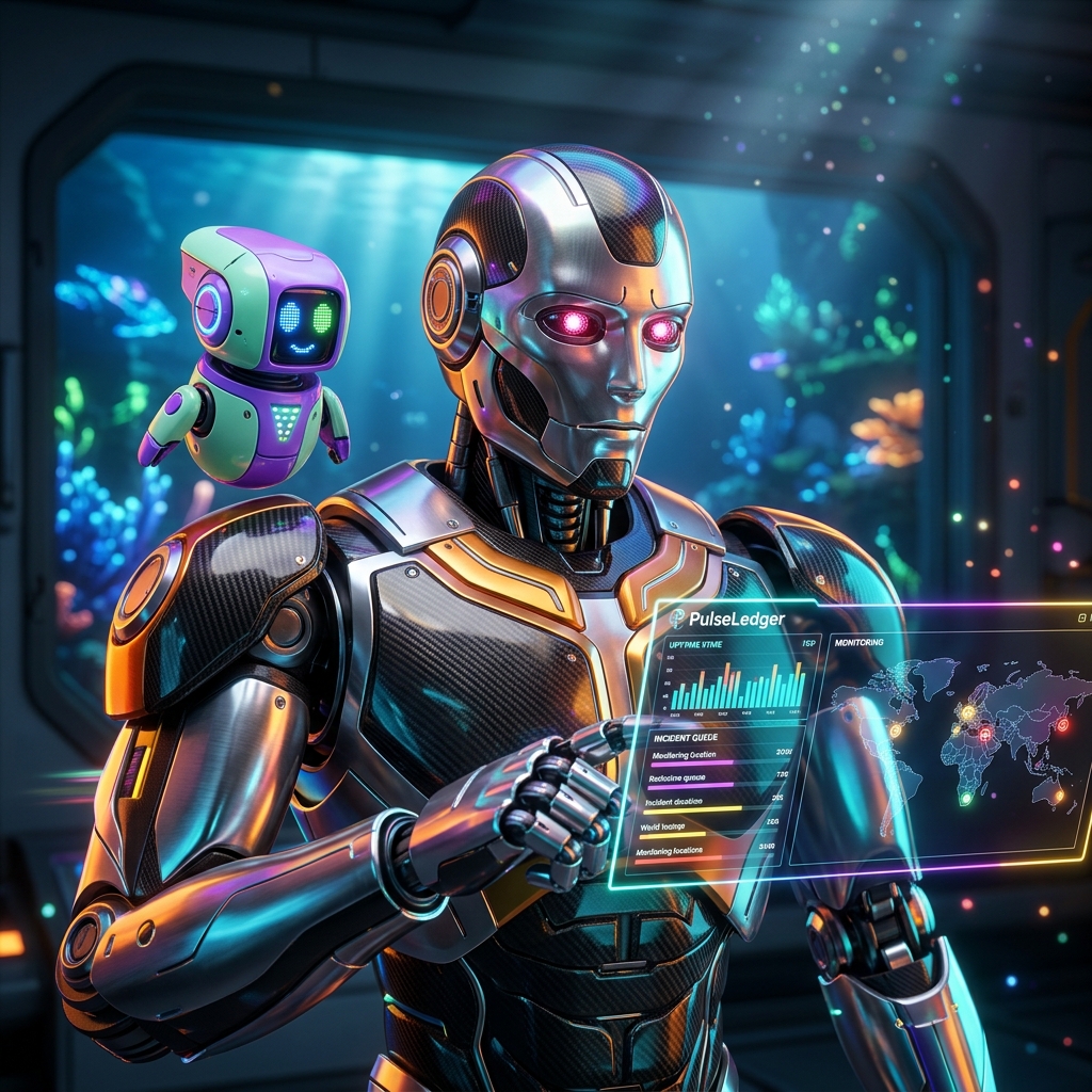 PulseLedger — Website, API & Uptime Monitoring Command Center — Monitoring category hero — duo of contrasting robots — one large hero mech and a small companion droid — composed cinematically in deep-sea research bay with bulkhead windows onto a bioluminescent ocean