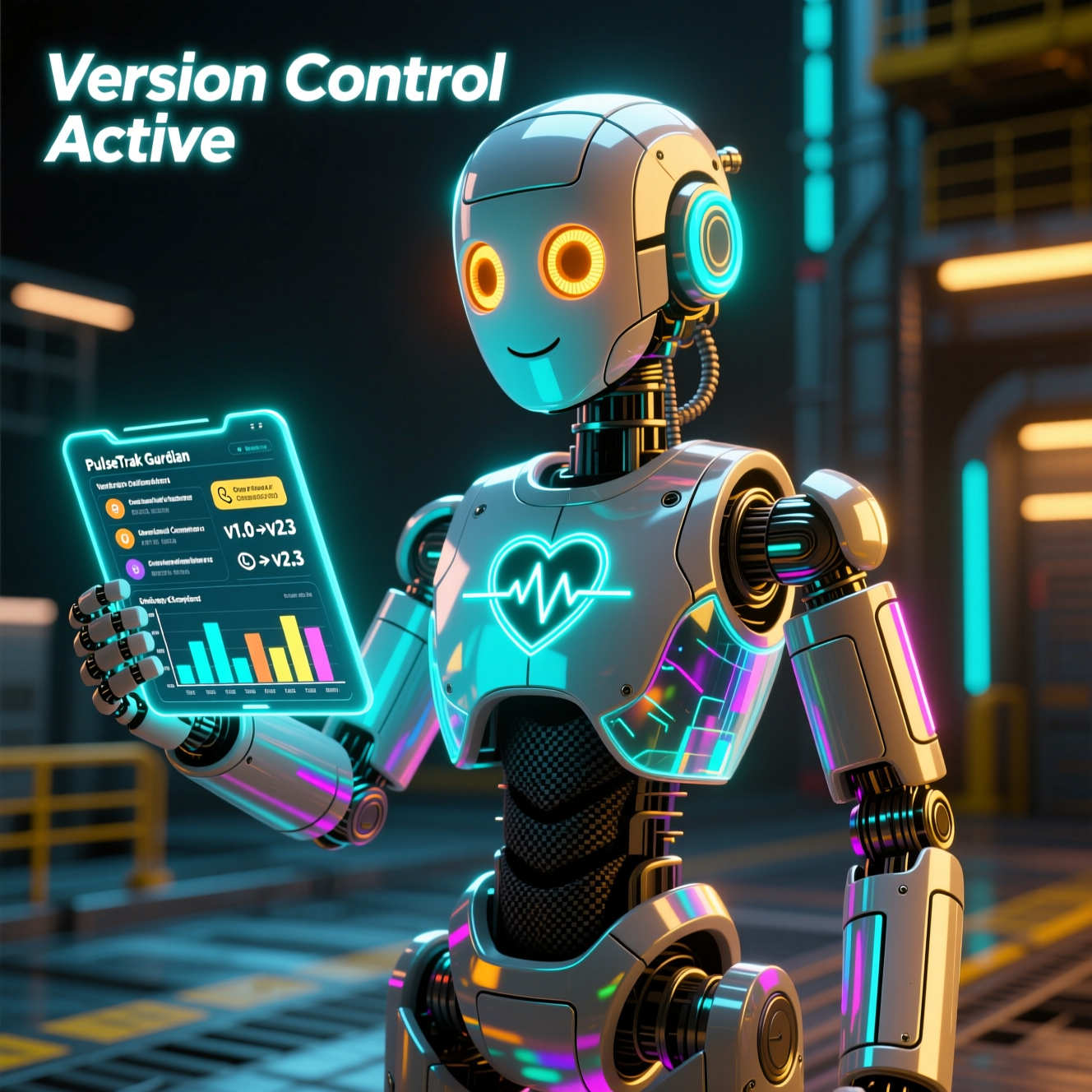 PulseTrak EMS Command — Emergency Response & Compliance Ledger — Version Control category hero — friendly Pixar-quality mascot robot with big expressive optical eyes, holding an object that represents the category in magnetic-levitation factory floor with sparking arcs of electricity and machinery