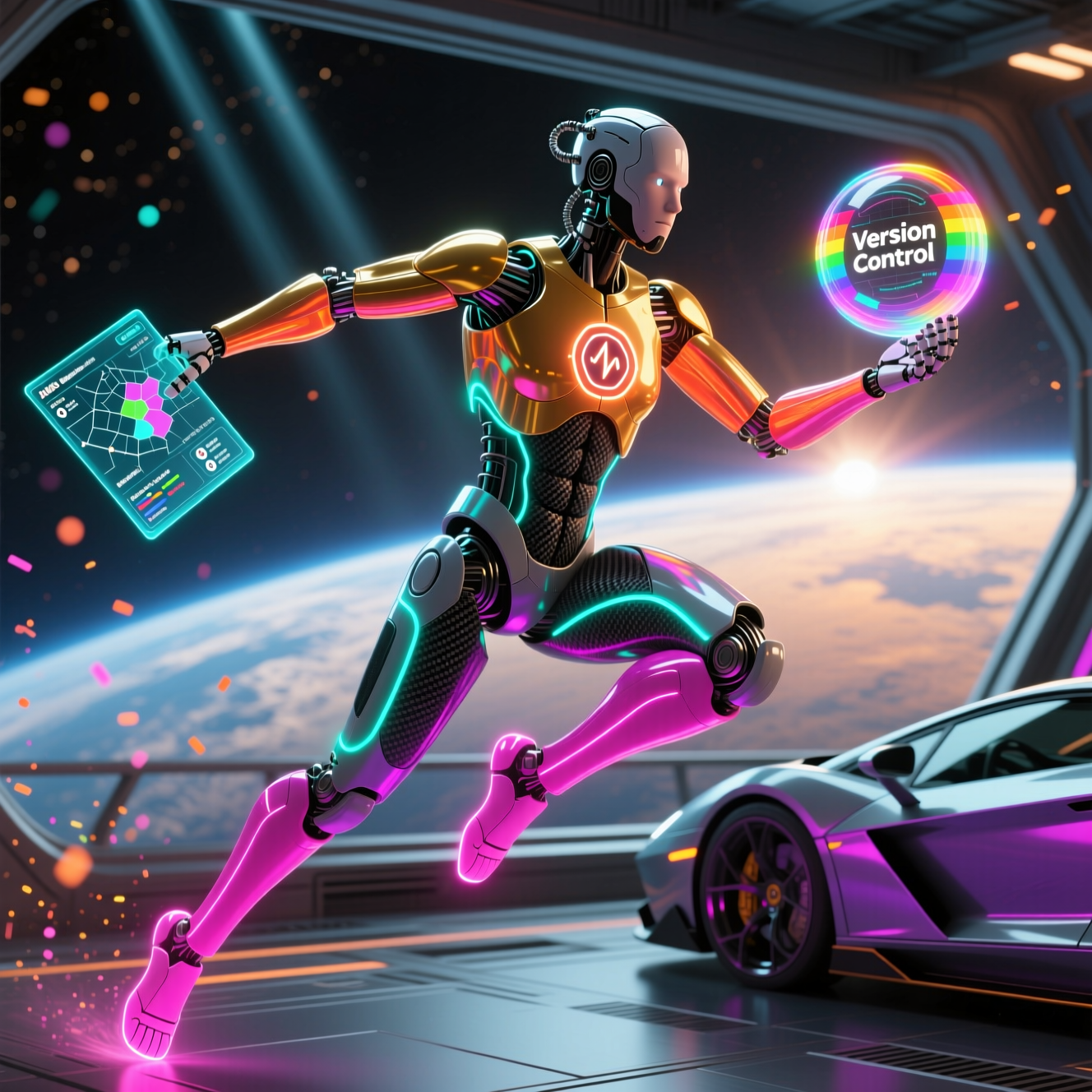 PulseVector Dispatch — EMS Field Operations Grid — Version Control category hero — sleek sports-car-inspired bipedal android mid-motion, carbon-fiber musculature and glowing accent lines in orbital space station observation deck with a planet glowing outside the panoramic window