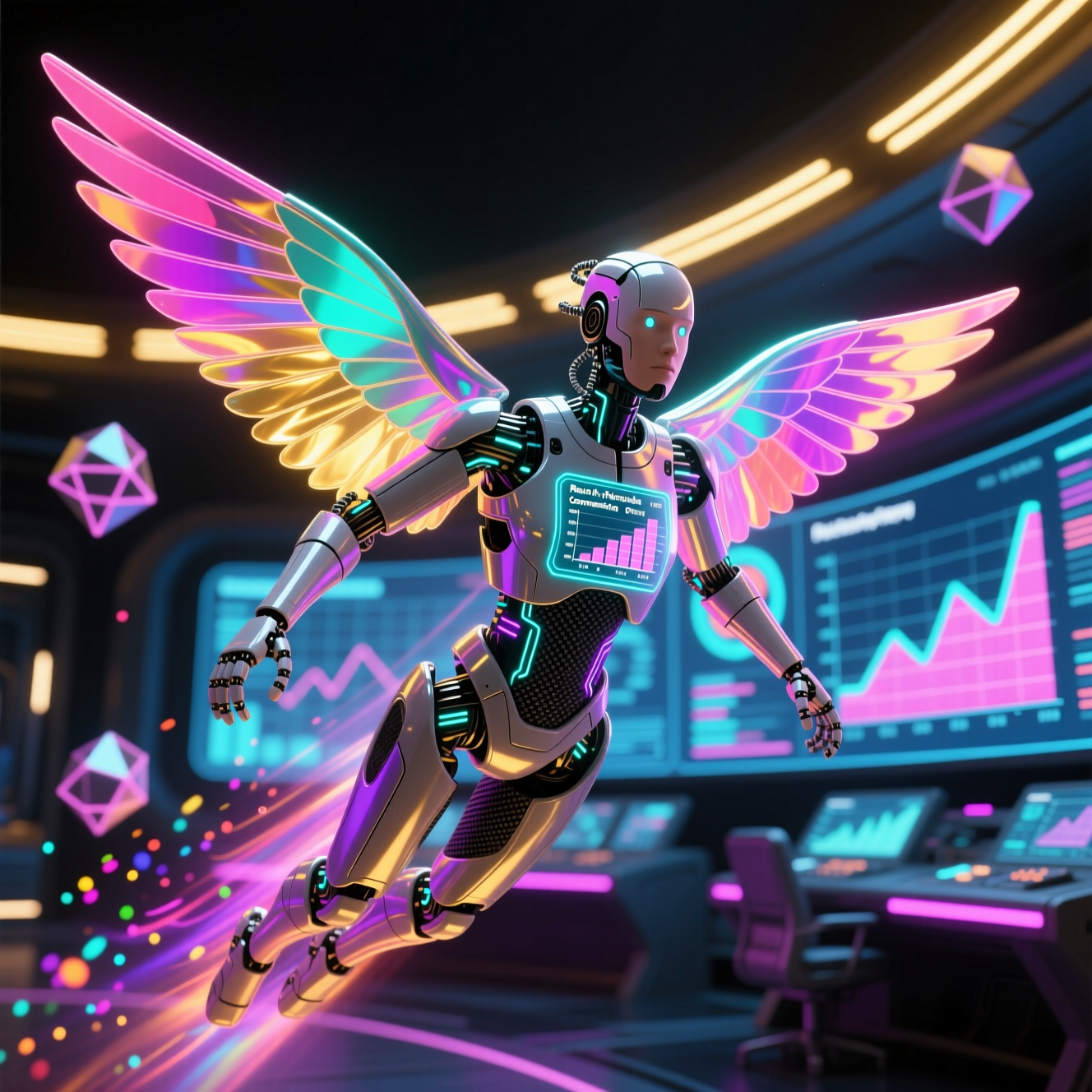 PV Commissioning Pro — Photovoltaic Commissioning Command Center — Version Control category hero — courier-style android with iridescent wings unfurled, mid-flight silhouette against the environment in futuristic control room with massive glowing holographic screens and volumetric light rays