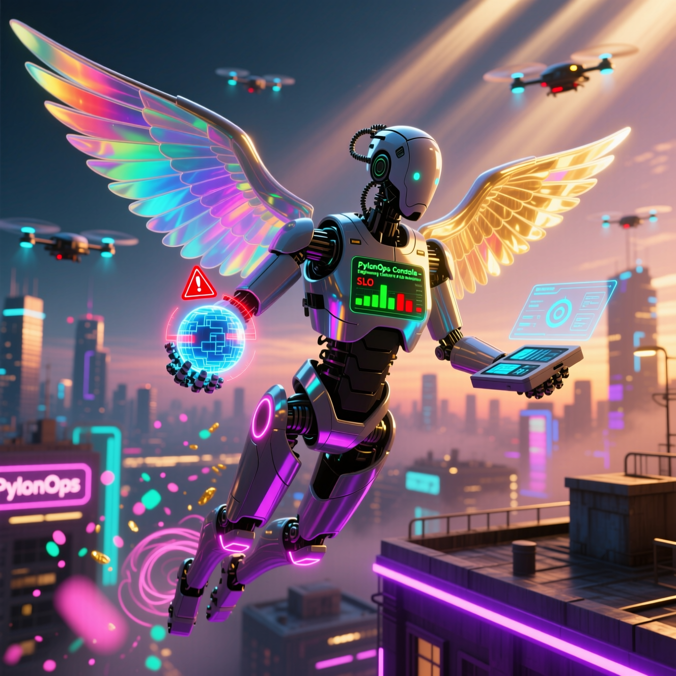 PylonOps Console — Engineering Reliability for Data Analytics — Data Analytics category hero — courier-style android with iridescent wings unfurled, mid-flight silhouette against the environment in rooftop overlooking a neon megacity skyline at dusk, drones flying in the distance