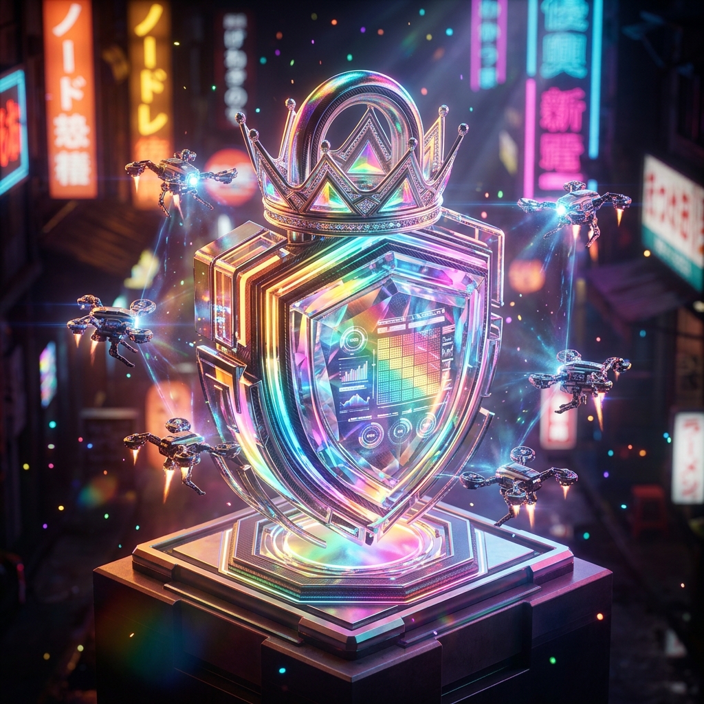 QontrolQ · Quality Management Atlas — Business Management category hero — glowing digital shield / padlock / crown / crystal object at the frame center, protected by hovering tech drones in Blade-Runner-style noodle-shop alley with dense neon signage in the background