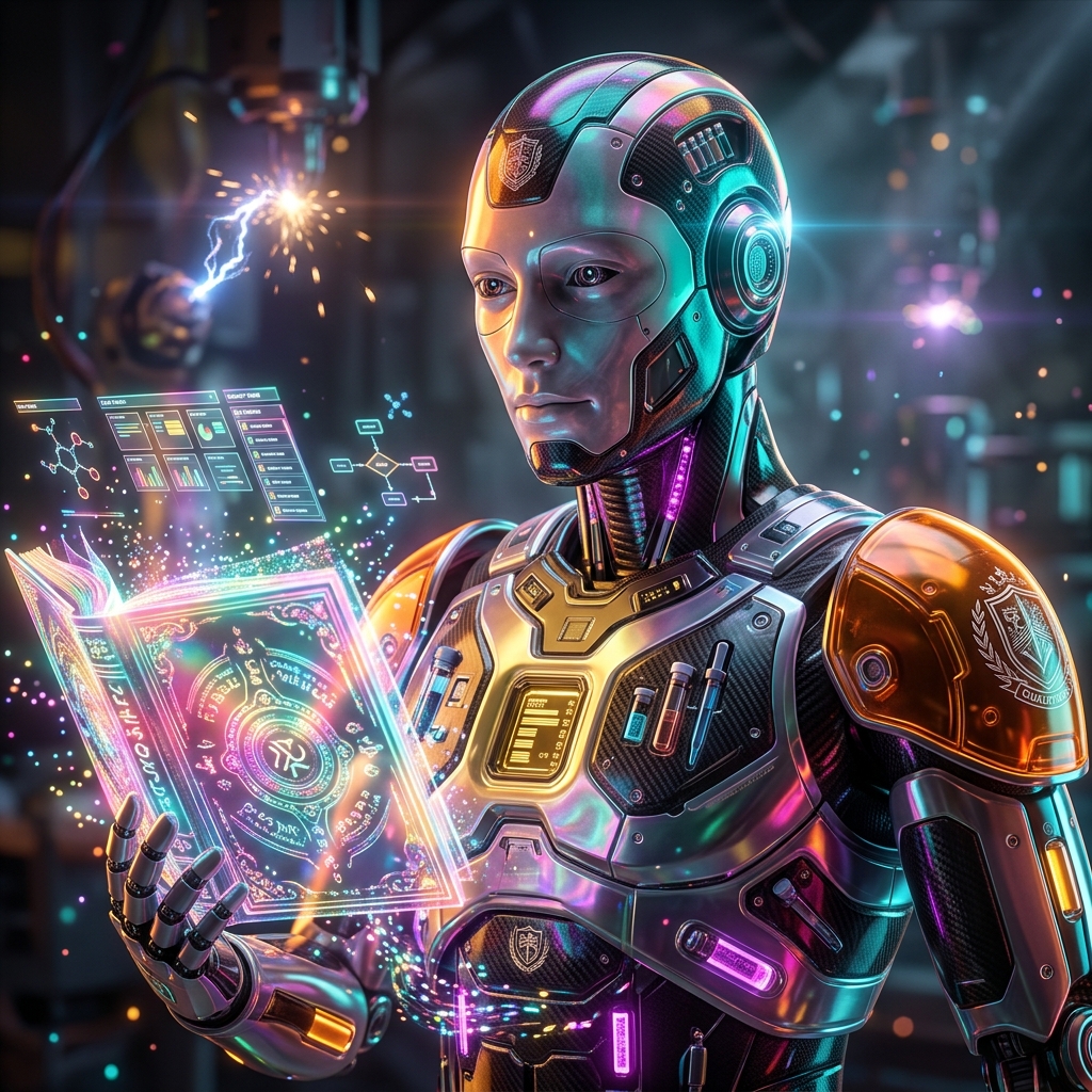Qualitrace | Clinical Quality Case Command — Business Management category hero — sci-fi wizard robot with a floating spellbook of holographic glyphs and light particles in magnetic-levitation factory floor with sparking arcs of electricity and machinery