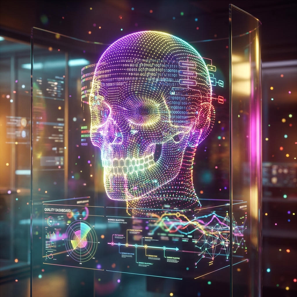 Qualix · Quality Mission Cockpit — Business Management category hero — wireframe holographic human head made of glowing data points, floating in the frame center in sleek high-tech laboratory with glass walls, floating data panels and particle light