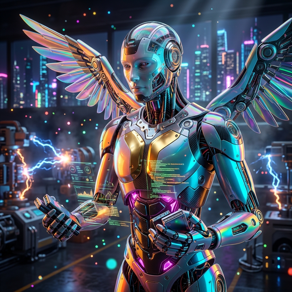 QuantaGrid Mission Control | Database Operations Cockpit — Database Tools category hero — courier-style android with iridescent wings unfurled, mid-flight silhouette against the environment in magnetic-levitation factory floor with sparking arcs of electricity and machinery
