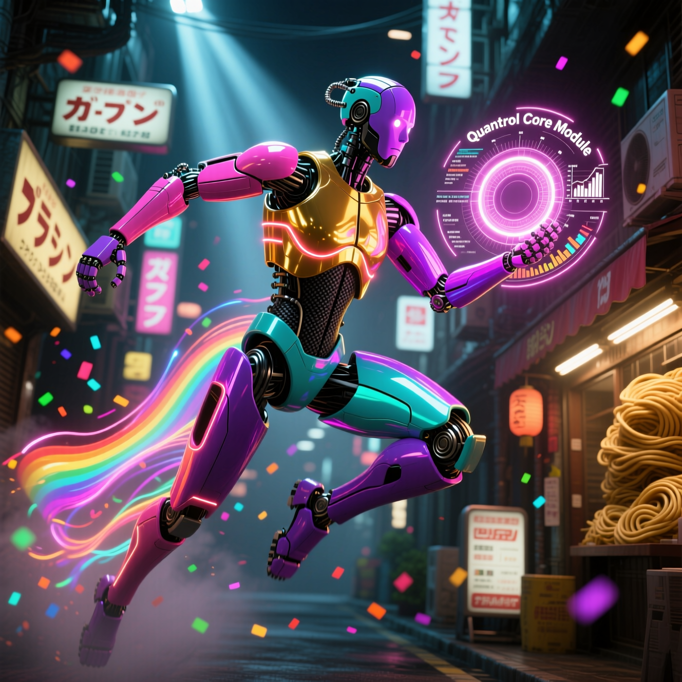 Quantrol — Experiment Control Room — Version Control category hero — sleek sports-car-inspired bipedal android mid-motion, carbon-fiber musculature and glowing accent lines in Blade-Runner-style noodle-shop alley with dense neon signage in the background