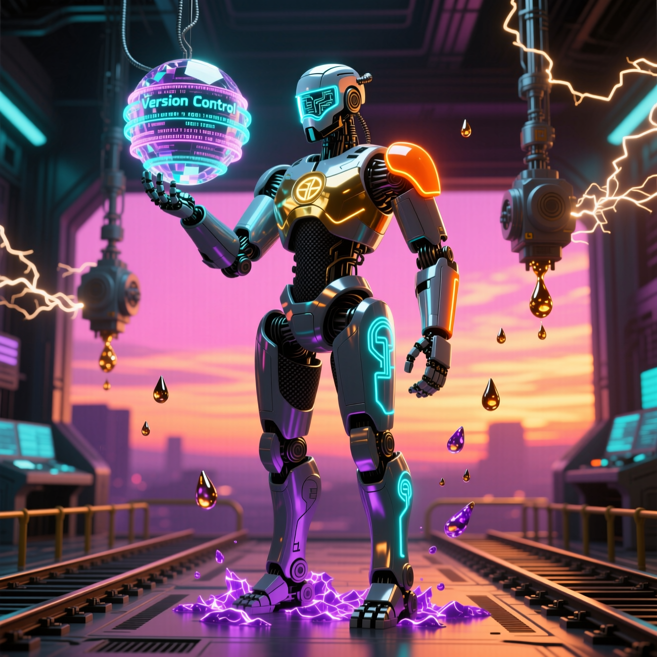 QuantumDeck — Experiment Control Room — Version Control category hero — heavily armored guardian robot holding a symbolic emblem of the category with both hands in magnetic-levitation factory floor with sparking arcs of electricity and machinery