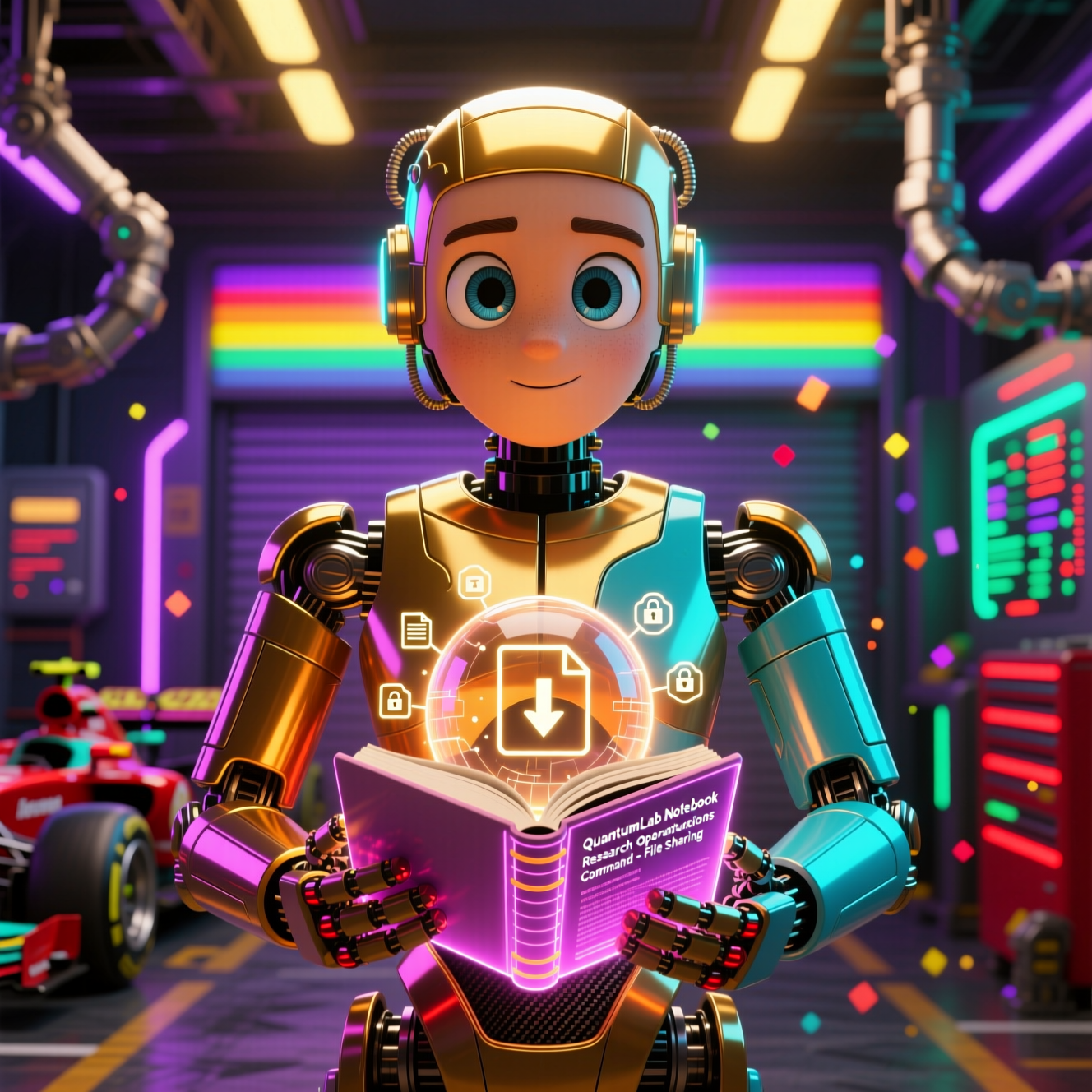 QuantumLab Notebook — Research Operations Command — File Sharing category hero — friendly Pixar-quality mascot robot with big expressive optical eyes, holding an object that represents the category in Formula-1 style pit garage with saturated color lighting and mechanical detail