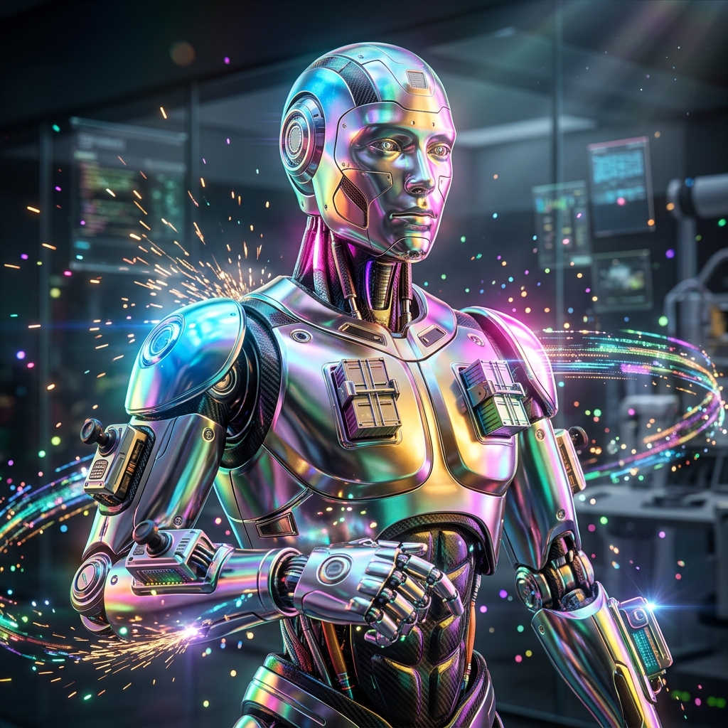 Quayside Control — DockFlow Pro — Shipping & Logistics category hero — chrome-plated bipedal android caught mid-motion, sparks and light particles trailing around it in sleek high-tech laboratory with glass walls, floating data panels and particle light