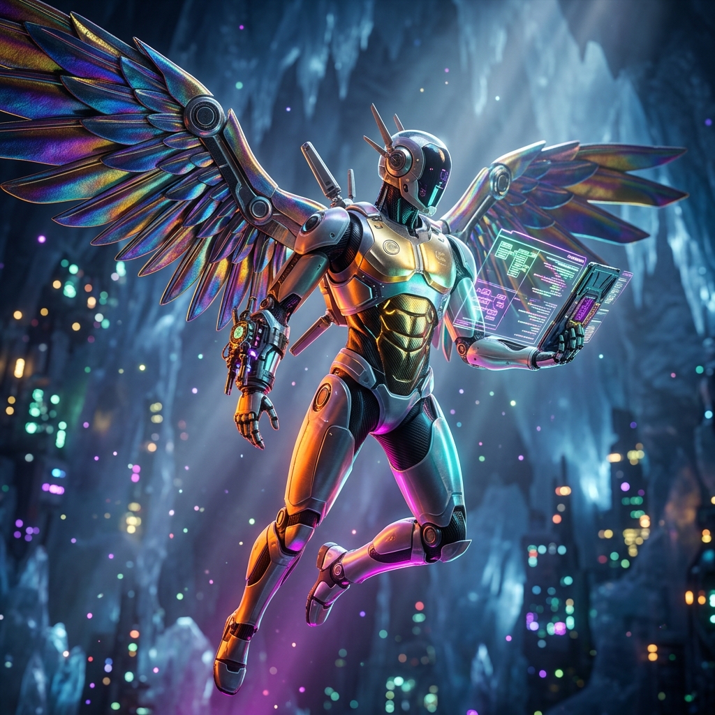 QueryForge | Database Mission Control — Database Tools category hero — courier-style android with iridescent wings unfurled, mid-flight silhouette against the environment in crystalline ice cavern lit by bioluminescent tech installations