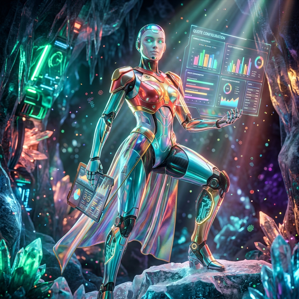 QuotientDesk — Quote, Proposal & CPQ Workspace — Business Management category hero — elegant fashion-forward android in flowing reflective couture fabric, editorial pose in crystalline ice cavern lit by bioluminescent tech installations