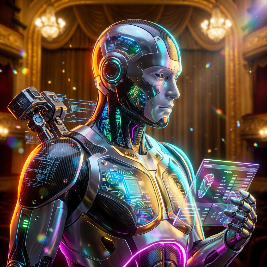 QuotientFlow — CPQ Engineering Console — Business Management category hero — cinematic cyborg character seen in three-quarter profile, exposed circuitry glowing beneath translucent skin, intense neon rim light in golden-lit theater interior with heavy velvet curtains and cinematic chandeliers