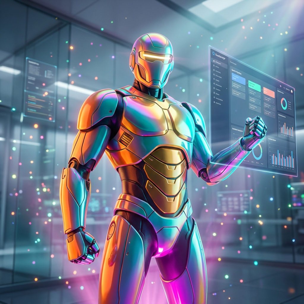 QuotientQP — Mission Control for Quote & Proposal Ops — Business Management category hero — hyper-detailed humanoid robot with glossy plating and glowing visor eyes, striking a confident hero pose in the center of the frame in sleek high-tech laboratory with glass walls, floating data panels and particle light