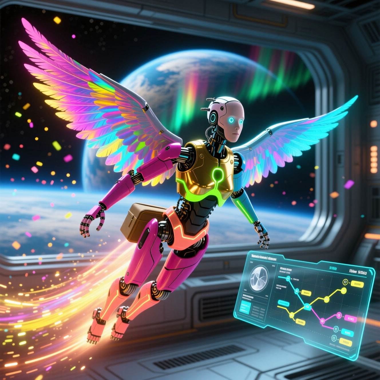 RadianceFlow — Radiology Worklist Command — Version Control category hero — courier-style android with iridescent wings unfurled, mid-flight silhouette against the environment in orbital space station observation deck with a planet glowing outside the panoramic window