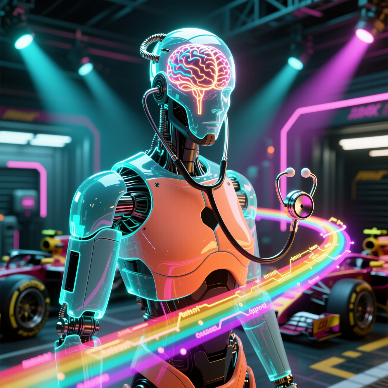 RadianceOps Command — Radiology Workflow Suite — Version Control category hero — translucent glass humanoid figure with a glowing neural-network brain visible inside its head in Formula-1 style pit garage with saturated color lighting and mechanical detail