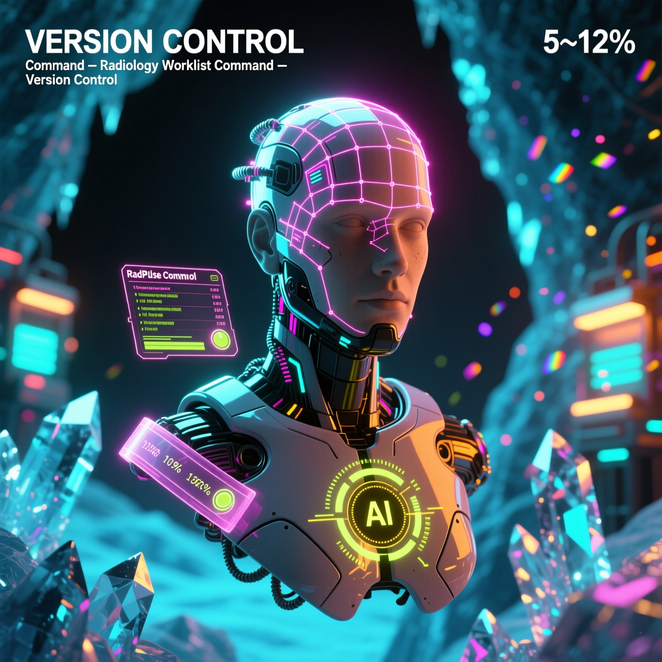 RadPulse Command — Radiology Worklist Command — Version Control category hero — wireframe holographic human head made of glowing data points, floating in the frame center in crystalline ice cavern lit by bioluminescent tech installations