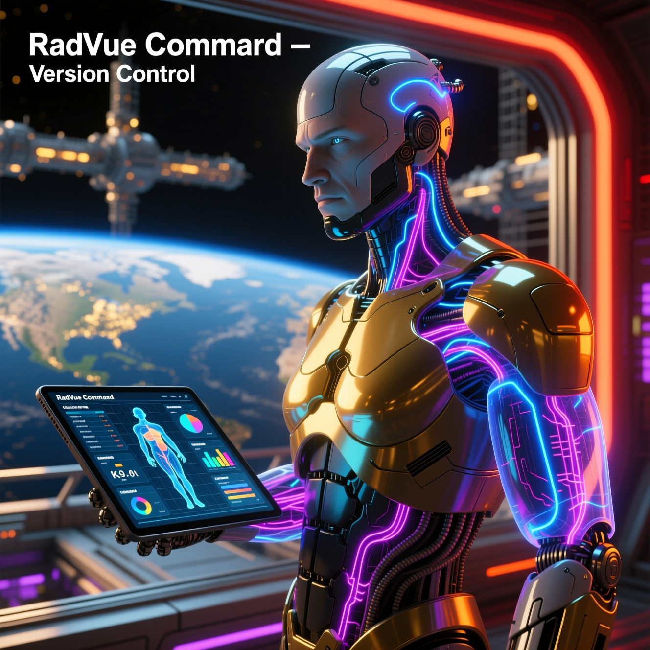RadVue Command — Radiology Worklist Command — Version Control category hero — cinematic cyborg character seen in three-quarter profile, exposed circuitry glowing beneath translucent skin, intense neon rim light in orbital space station observation deck with a planet glowing outside the panoramic window