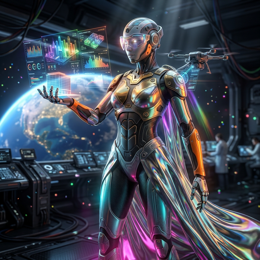 RealtyOps Cockpit – Mission Control for Property & Rental Manage — Real Estate category hero — elegant fashion-forward android in flowing reflective couture fabric, editorial pose in orbital space station observation deck with a planet glowing outside the panoramic window