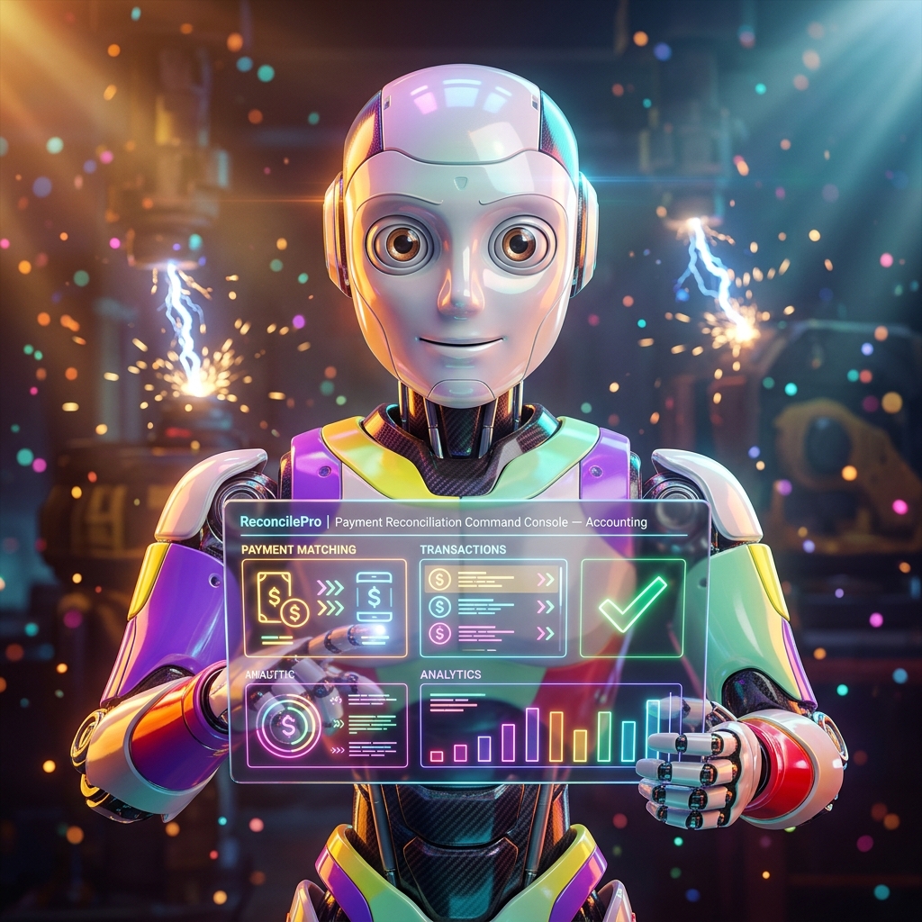 ReconcilePro | Payment Reconciliation Command Console β Accounting category hero β friendly Pixar-quality mascot robot with big expressive optical eyes, holding an object that represents the category in magnetic-levitation factory floor with sparking arcs of electricity and machinery