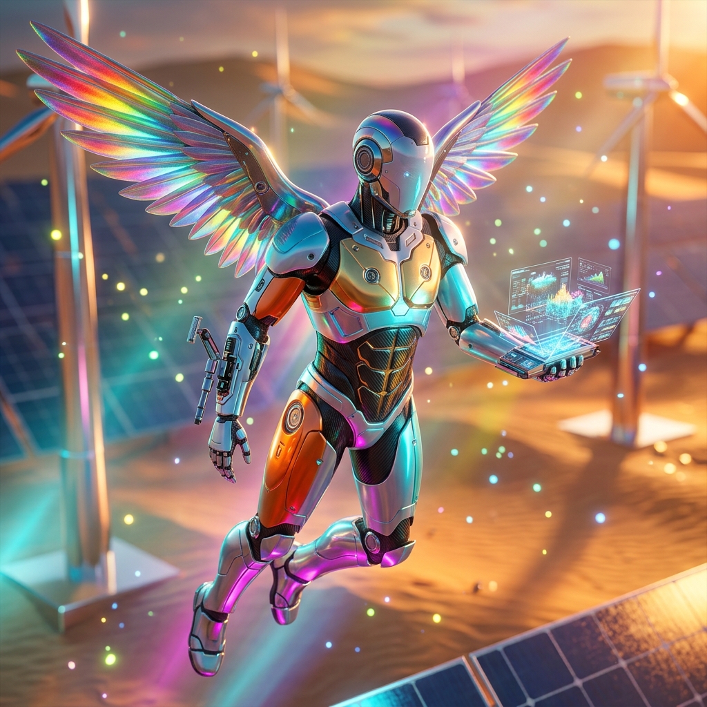 Reelcraft Studio OS — Production Command Suite — AI Tools category hero — courier-style android with iridescent wings unfurled, mid-flight silhouette against the environment in desert solar farm at magic hour with reflective sand and towering chrome pylons