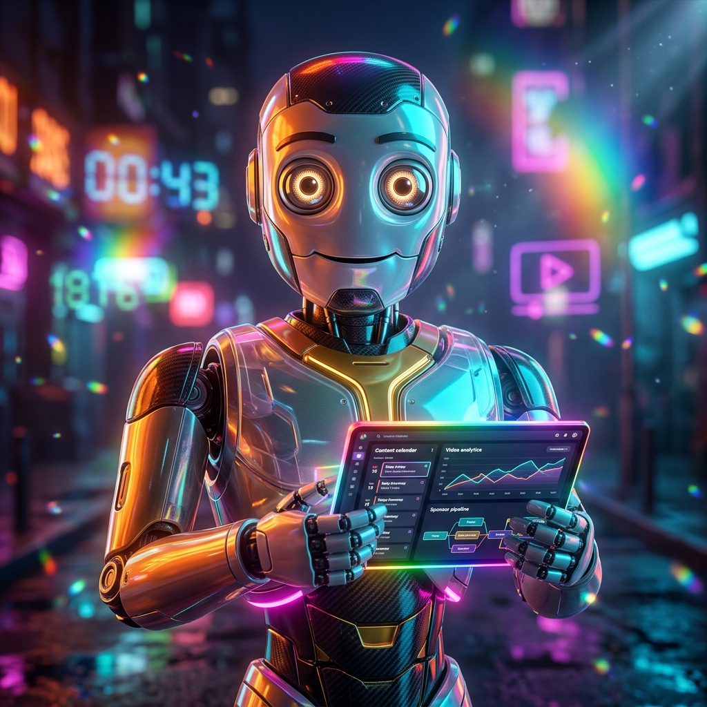 ReelForge Studio — Content Creator & YouTube Management — Social Media category hero — friendly Pixar-quality mascot robot with big expressive optical eyes, holding an object that represents the category in neon-lit cyberpunk street at night, wet pavement reflections, hovering holograms in the background