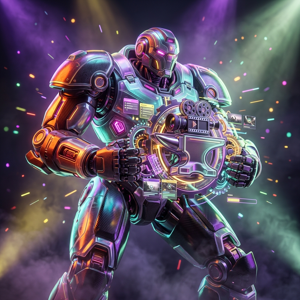 ReelForge Studio — Production Command Center — Video Editing category hero — heavily armored guardian robot holding a symbolic emblem of the category with both hands in dark cinematic stage with dramatic spotlights streaming down and a hazy atmospheric fog