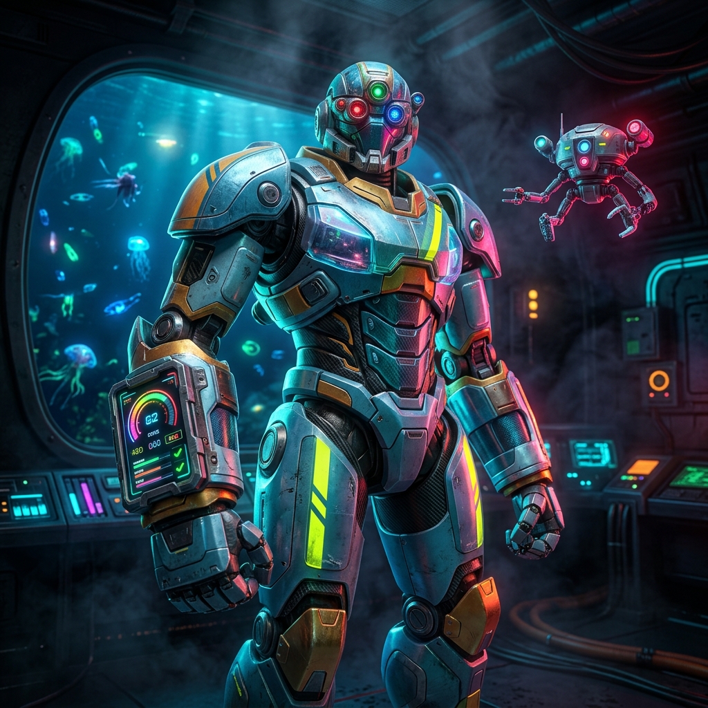 Regulace — Compliance Intelligence Ledger — 3D Modeling category hero — duo of contrasting robots — one large hero mech and a small companion droid — composed cinematically in deep-sea research bay with bulkhead windows onto a bioluminescent ocean