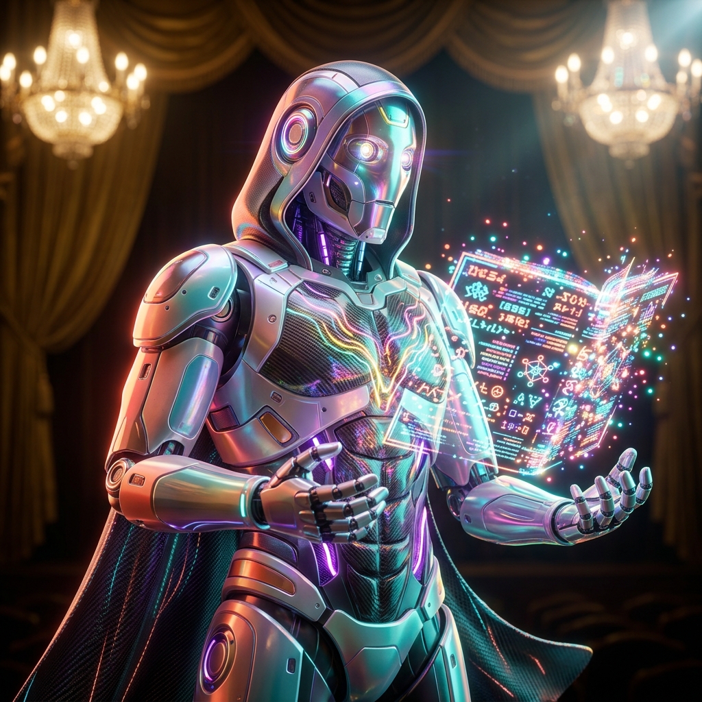RegulaChain — Compliance Intelligence Ledger for Crypto Converte — Blockchain category hero — sci-fi wizard robot with a floating spellbook of holographic glyphs and light particles in golden-lit theater interior with heavy velvet curtains and cinematic chandeliers